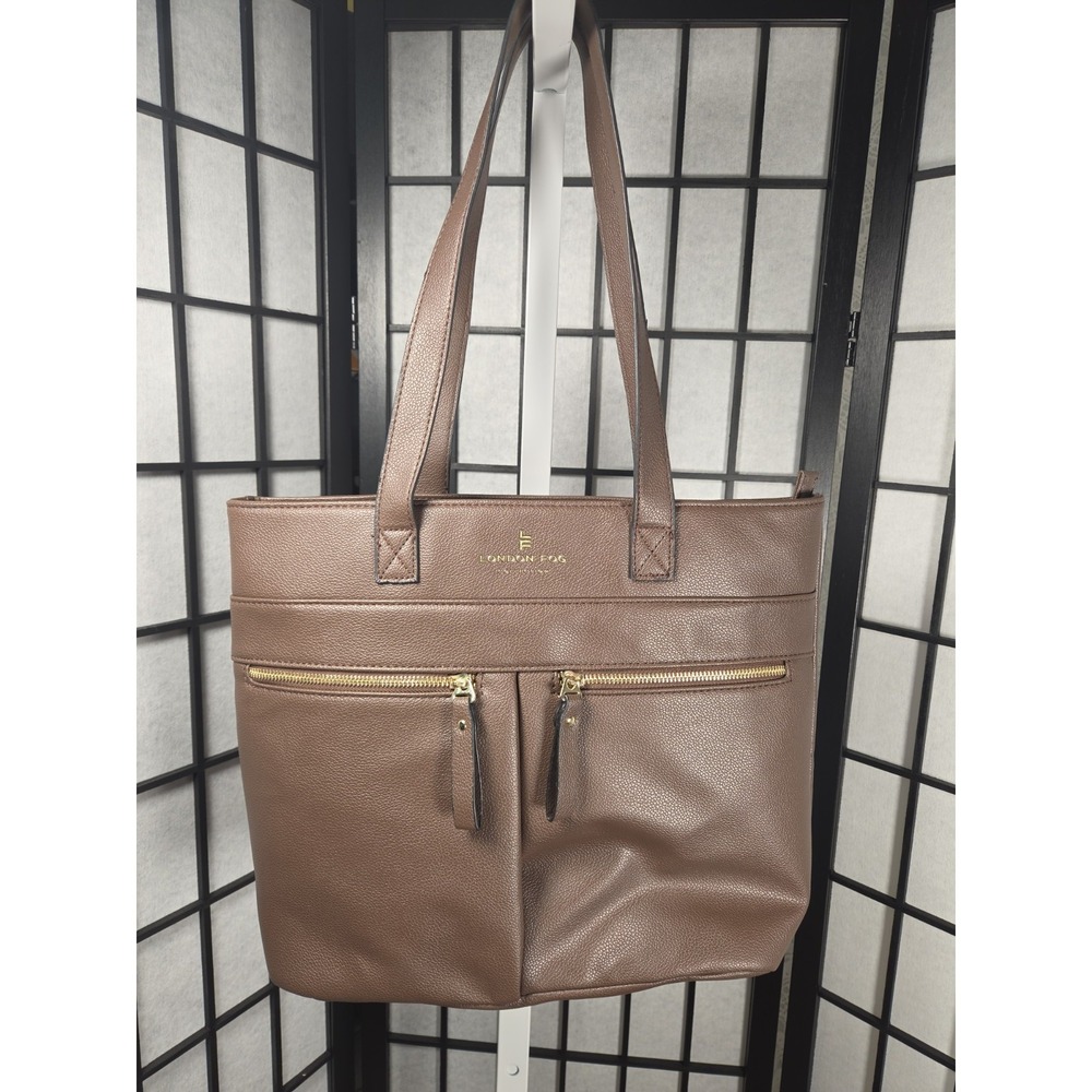 London Fog Collection Brown Pebbled Faux Leather Tote Bag Gold Hardware
